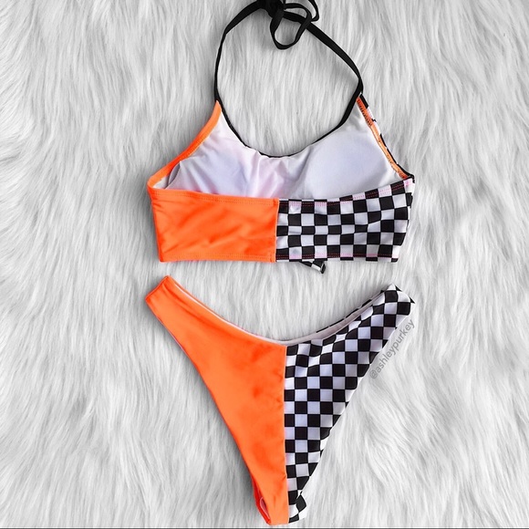 Neon orange checkered buckle bikini set - defected - Picture 3 of 8